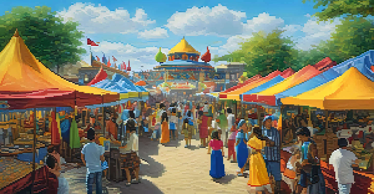 An outdoor cultural fair with booths displaying traditional artifacts and foods from various cultures, with families enjoying the event.