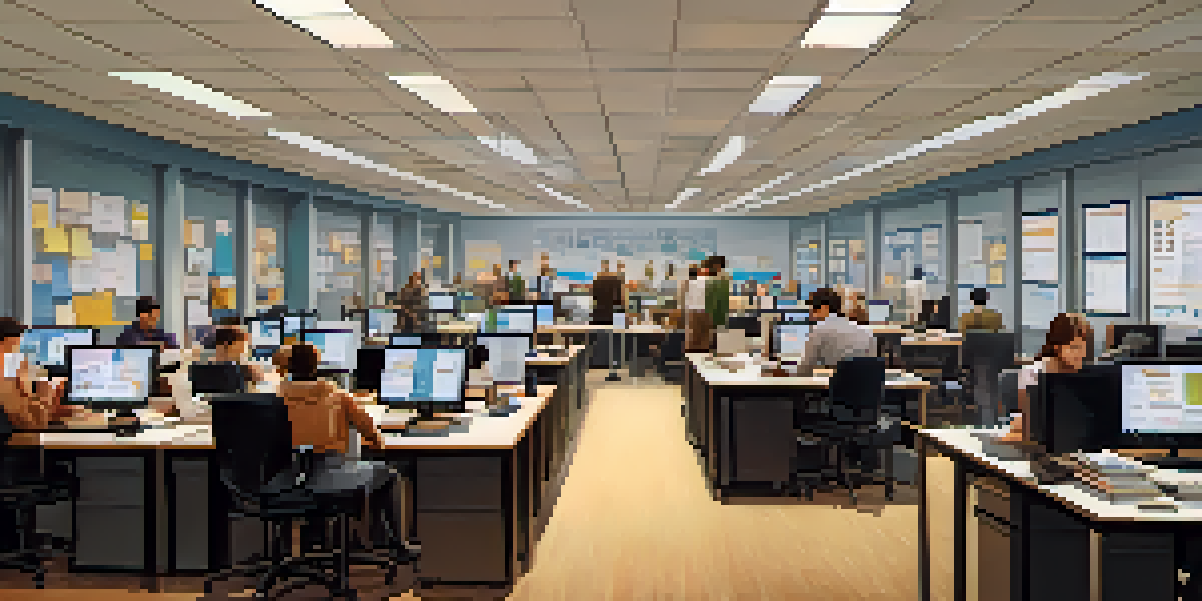 A school office with staff members communicating during a crisis, surrounded by papers and computers.