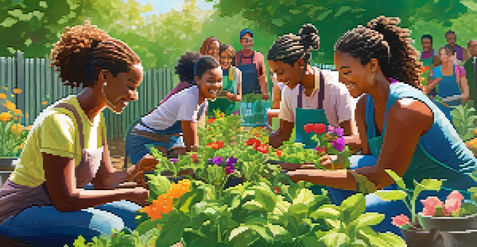 A diverse group of adult learners participating in a sustainable gardening workshop in a vibrant community garden.
