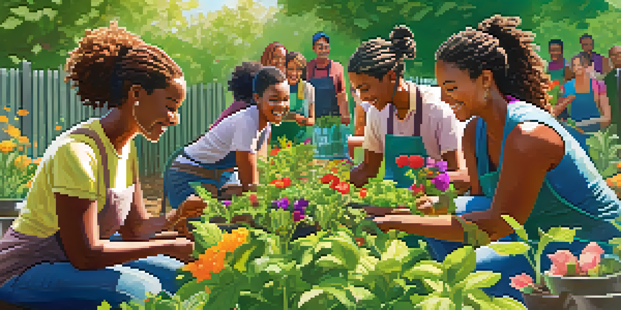 A diverse group of adult learners participating in a sustainable gardening workshop in a vibrant community garden.