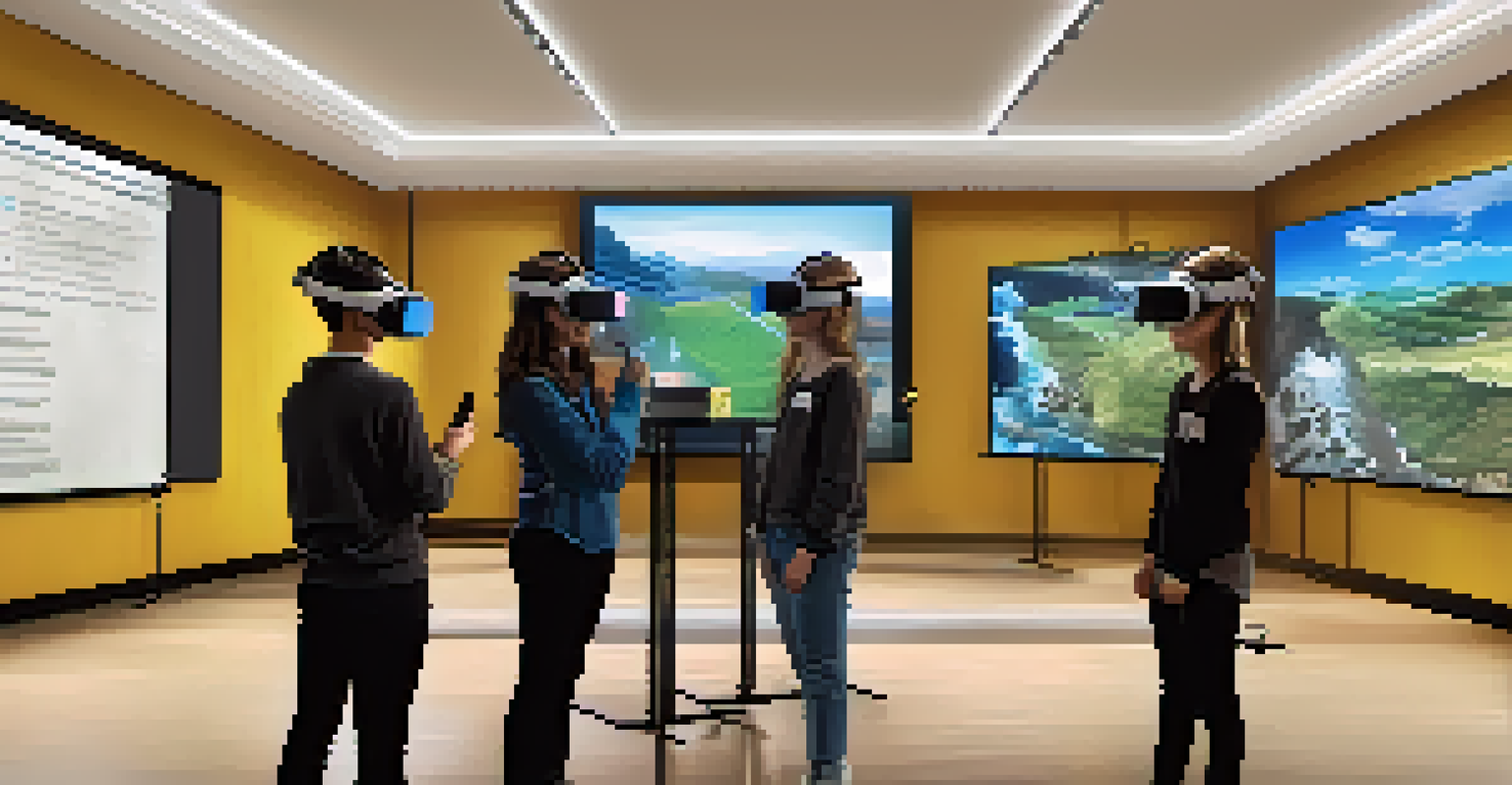 Students wearing virtual reality headsets in a classroom, engaged in a historical VR experience with screens displaying vibrant visuals.