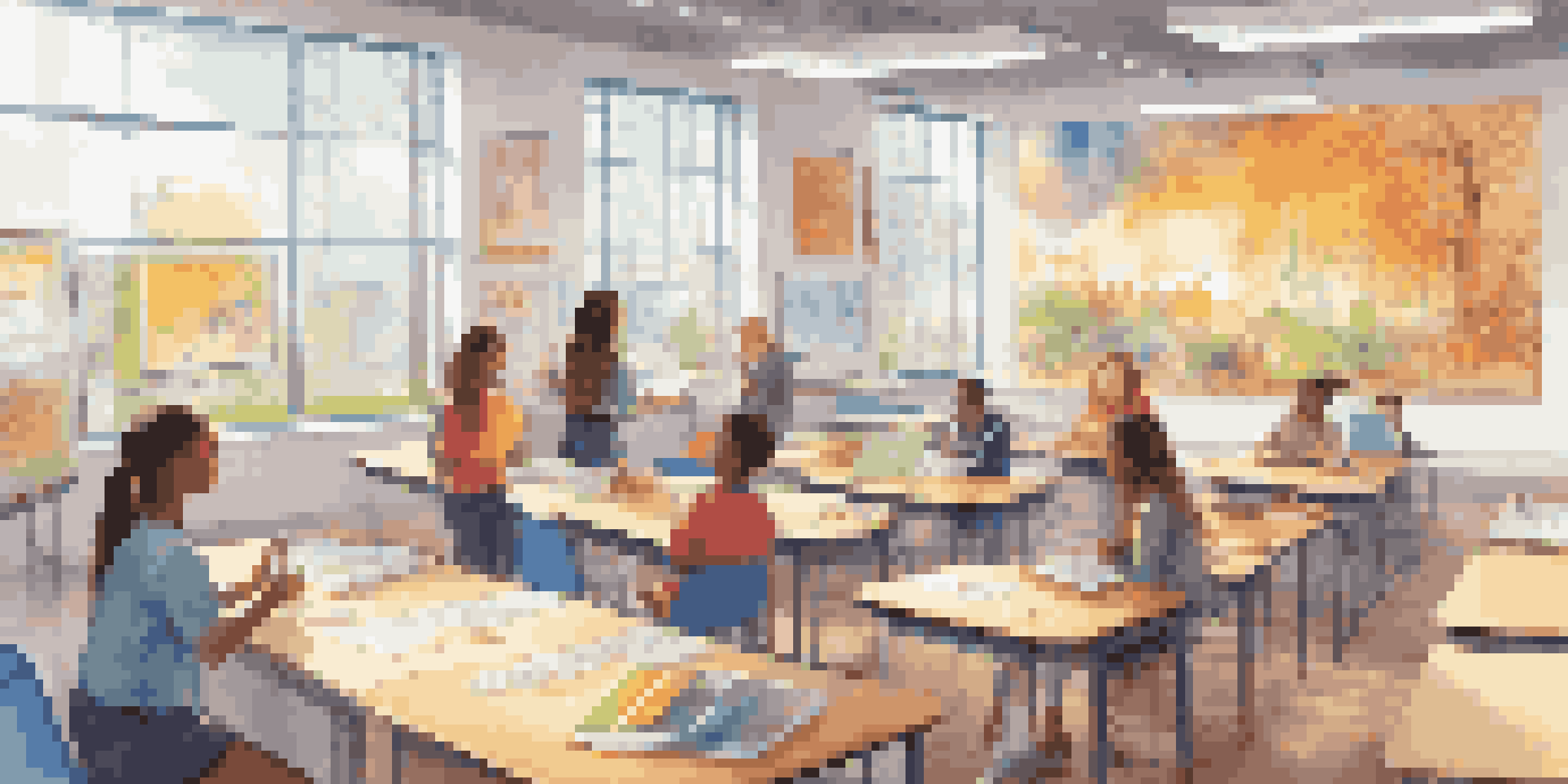 A vibrant and modern classroom with diverse students using interactive whiteboards and educational apps, illuminated by natural light from large windows.