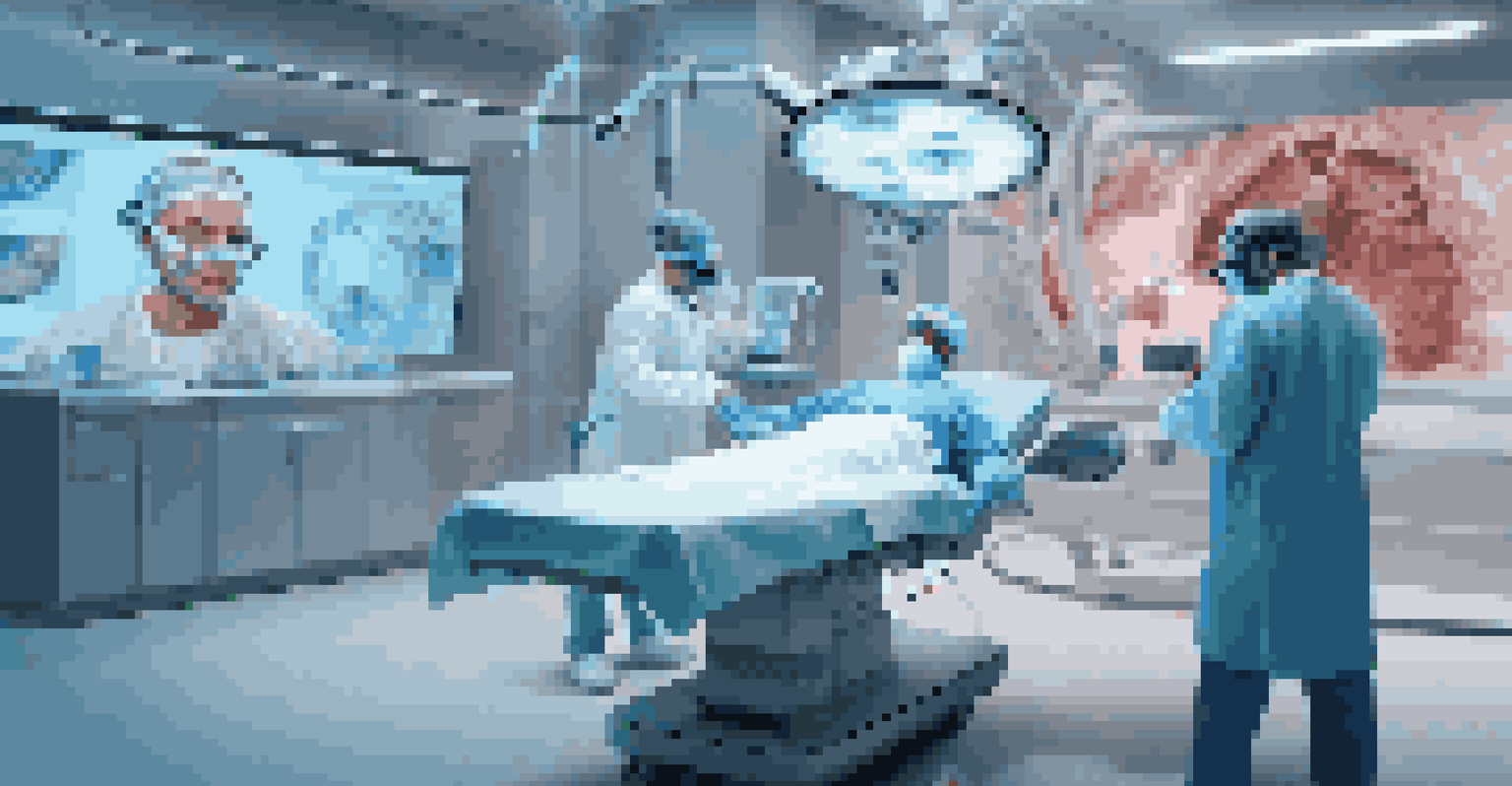 A medical student performing surgery in a virtual reality setting, with a holographic patient and advanced equipment.