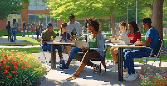 A diverse group of adult learners studying together outside on a community college campus, surrounded by nature.