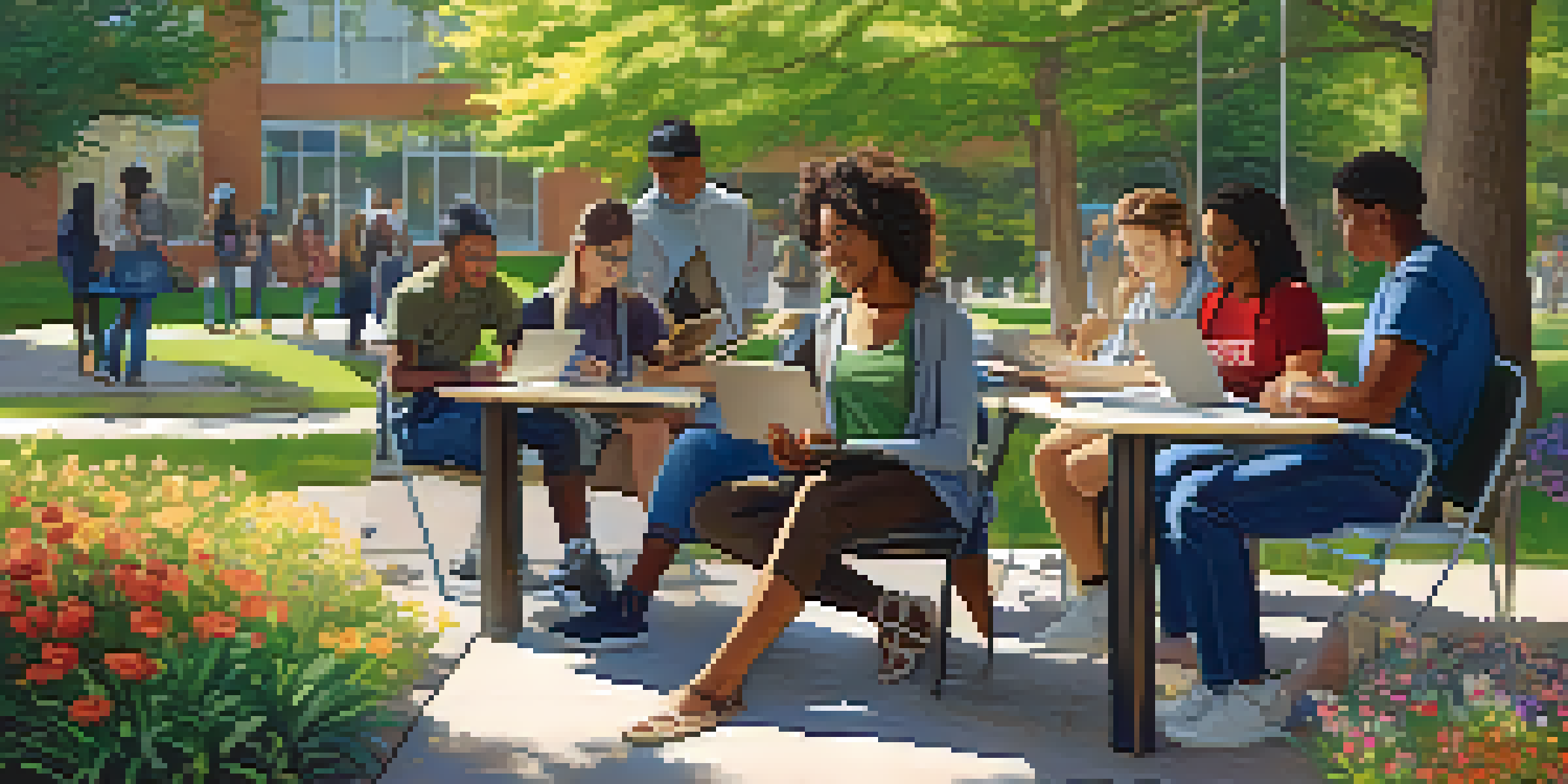 A diverse group of adult learners studying together outside on a community college campus, surrounded by nature.