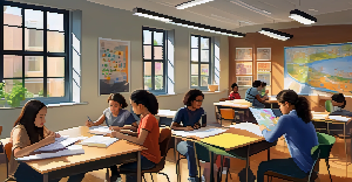 A diverse group of students collaborating in a bright classroom, discussing cognitive load theory concepts with books and digital resources around them.