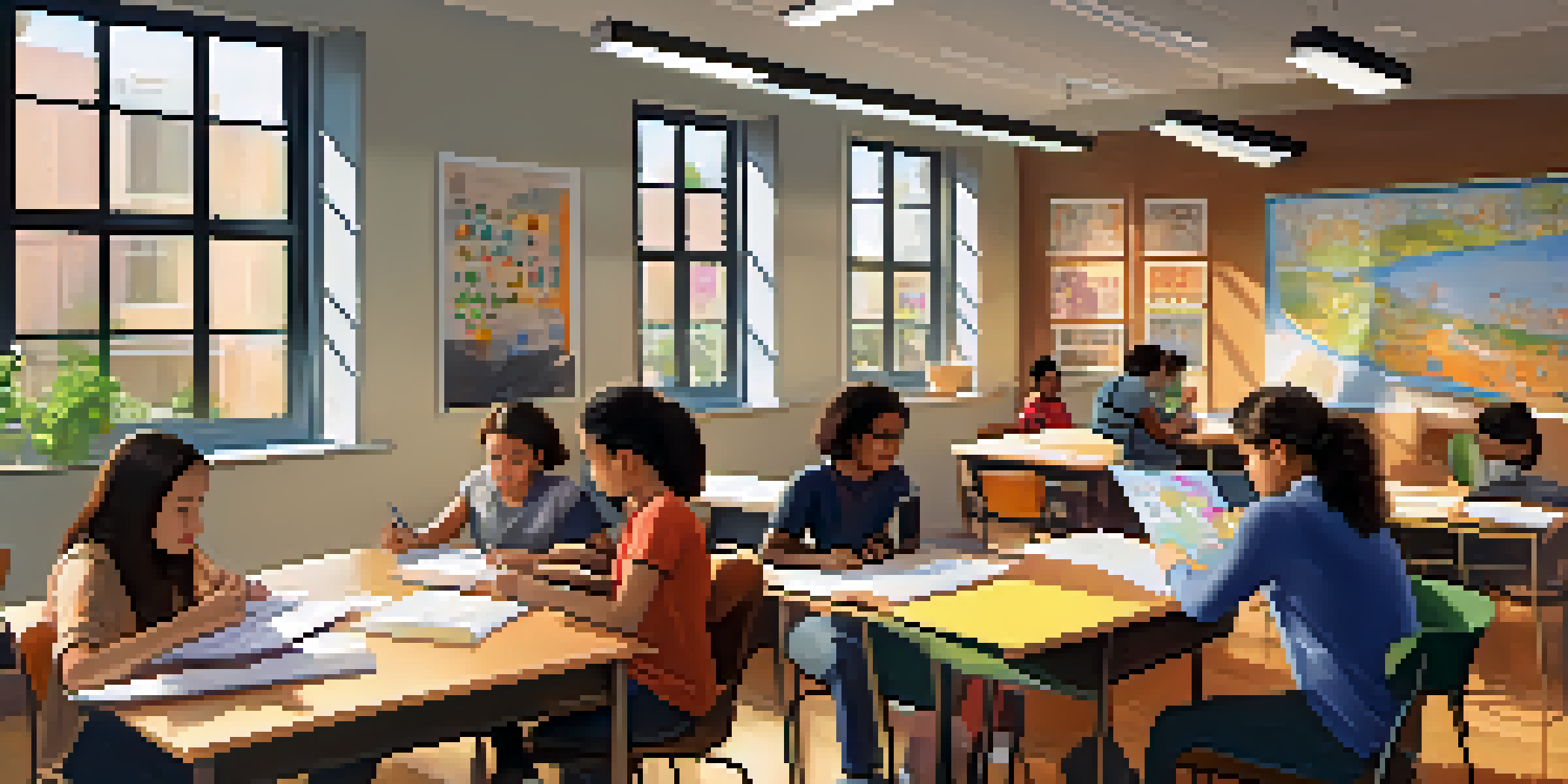 A diverse group of students collaborating in a bright classroom, discussing cognitive load theory concepts with books and digital resources around them.