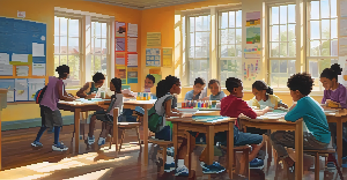 A lively classroom with students of different ethnicities collaborating on a science project, surrounded by educational posters and bright sunlight.