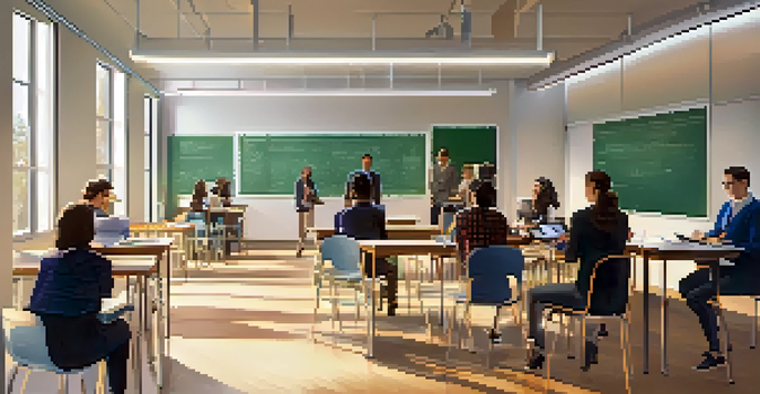 A split view of online learning with diverse individuals using laptops and a traditional classroom with students and a professor.