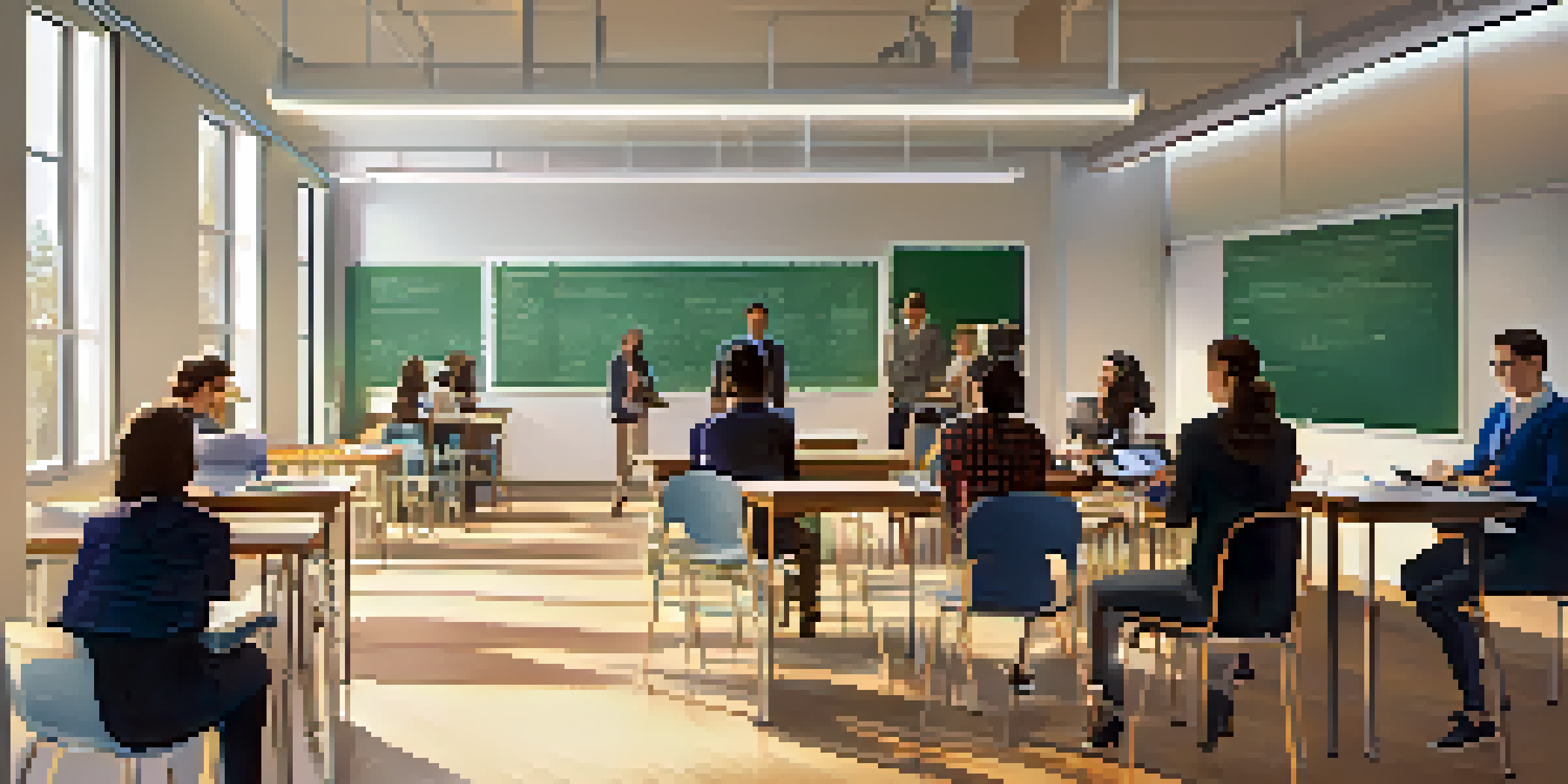 A split view of online learning with diverse individuals using laptops and a traditional classroom with students and a professor.