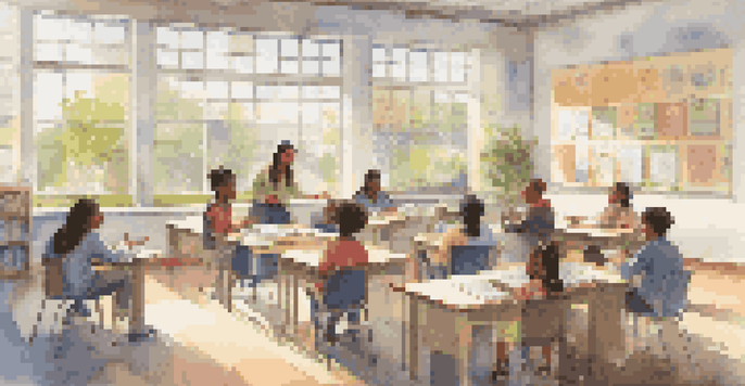 A diverse group of students engaged in a collaborative discussion in a bright and inviting classroom.