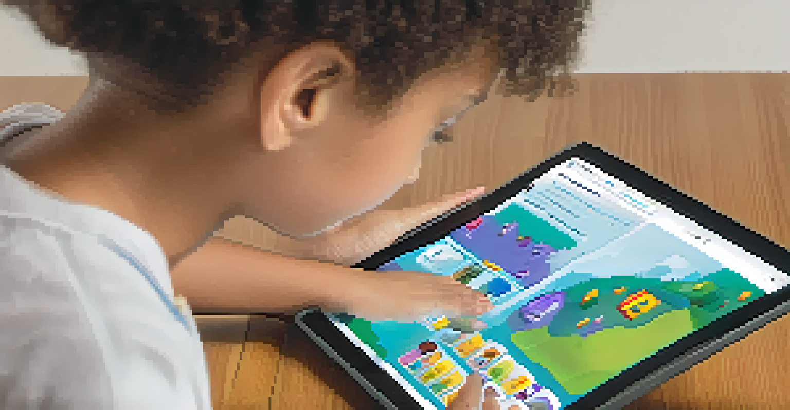 A student using an adaptive learning app on a tablet, showing concentration and excitement while interacting with colorful graphics on the screen.