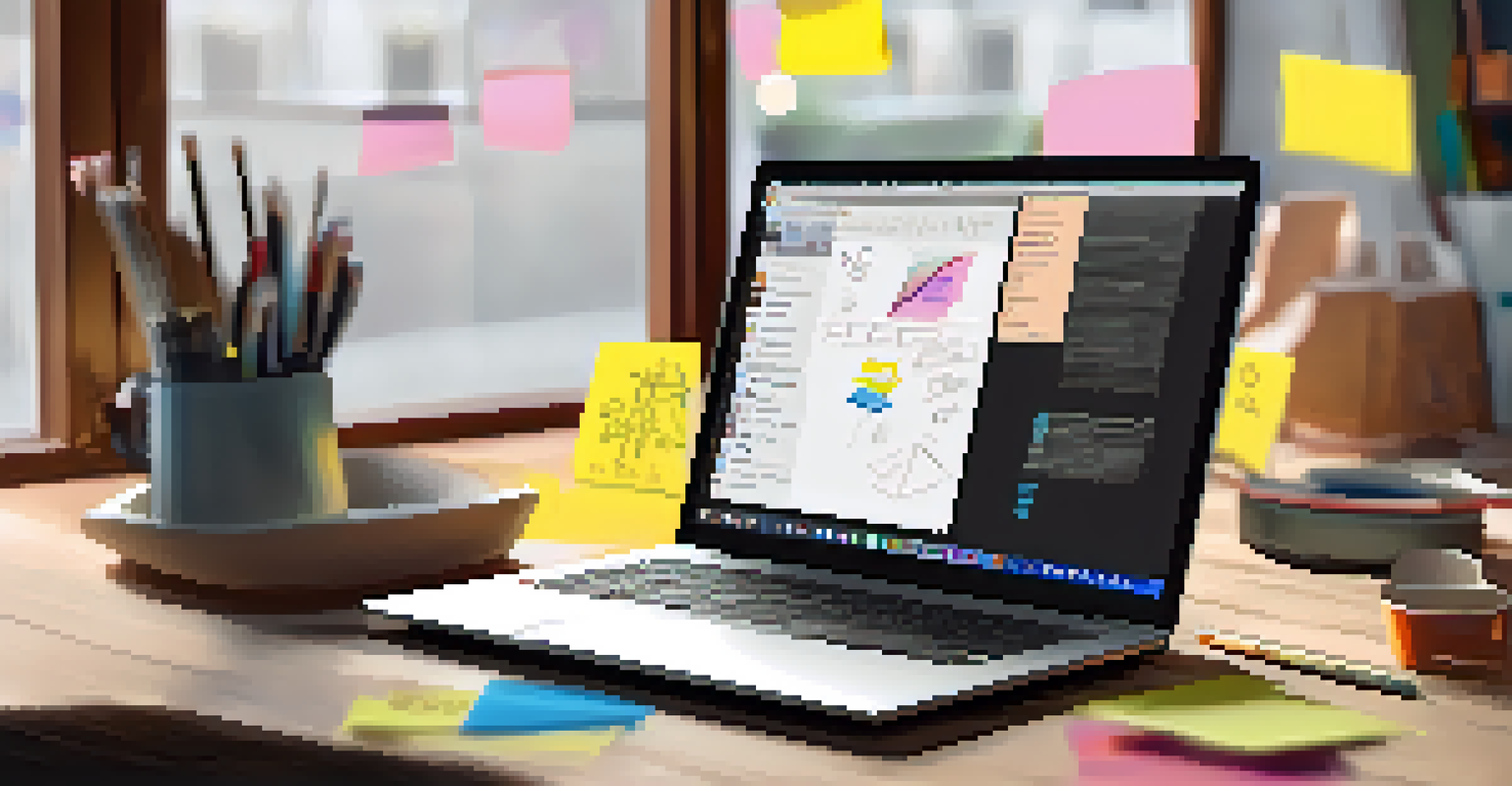 A designer's workspace with a laptop displaying design software, sticky notes, and sketches, illuminated by natural light coming through a window.