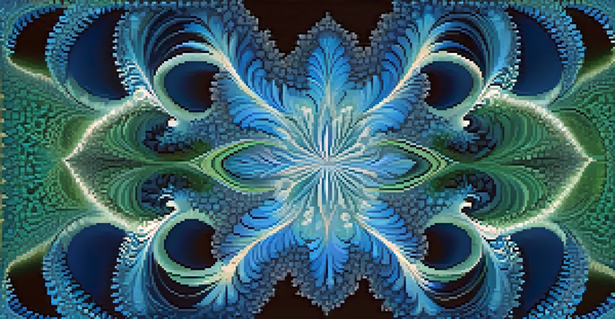 A fractal pattern resembling the Mandelbrot set with intricate designs in blue and green, set against a gradient background.