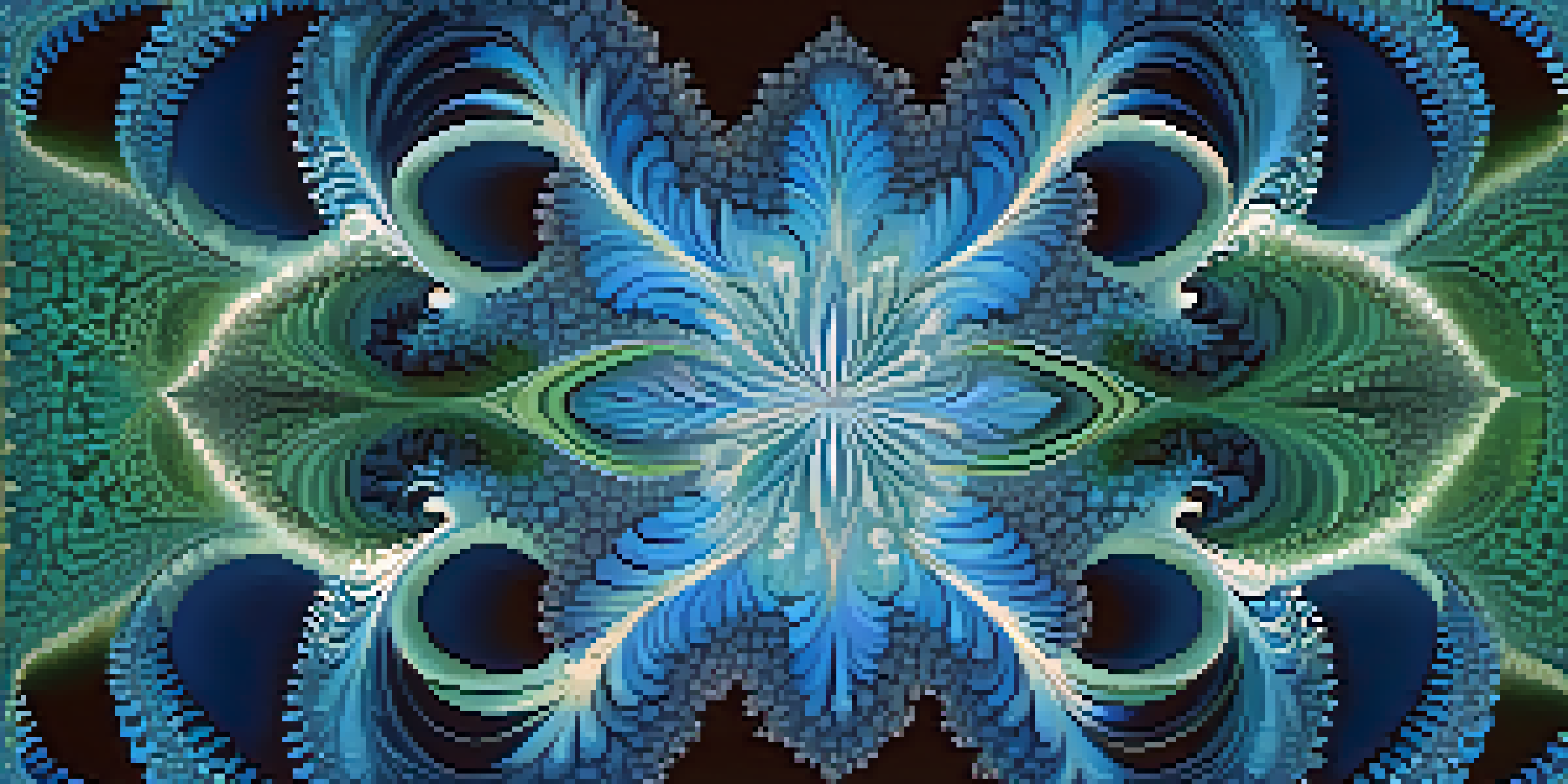 A fractal pattern resembling the Mandelbrot set with intricate designs in blue and green, set against a gradient background.