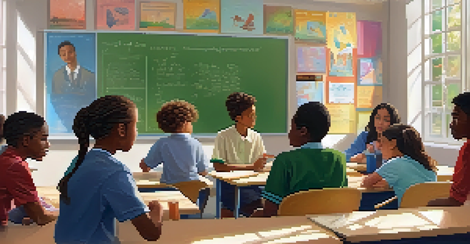 A classroom with diverse students and a mentor teaching math on a whiteboard, filled with natural light.