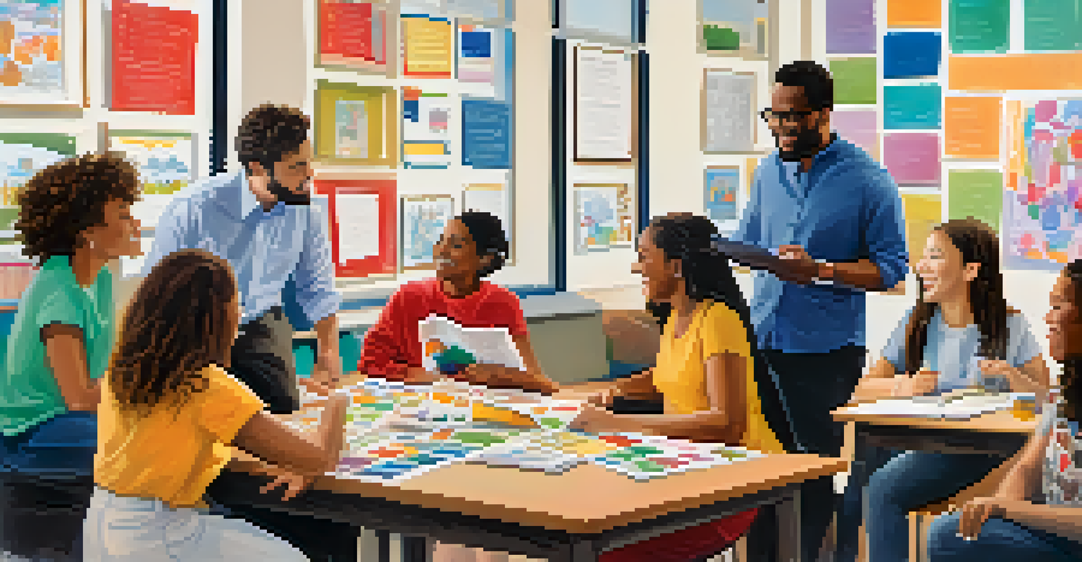 A group of diverse teachers collaborating around a table filled with educational materials in a colorful classroom.