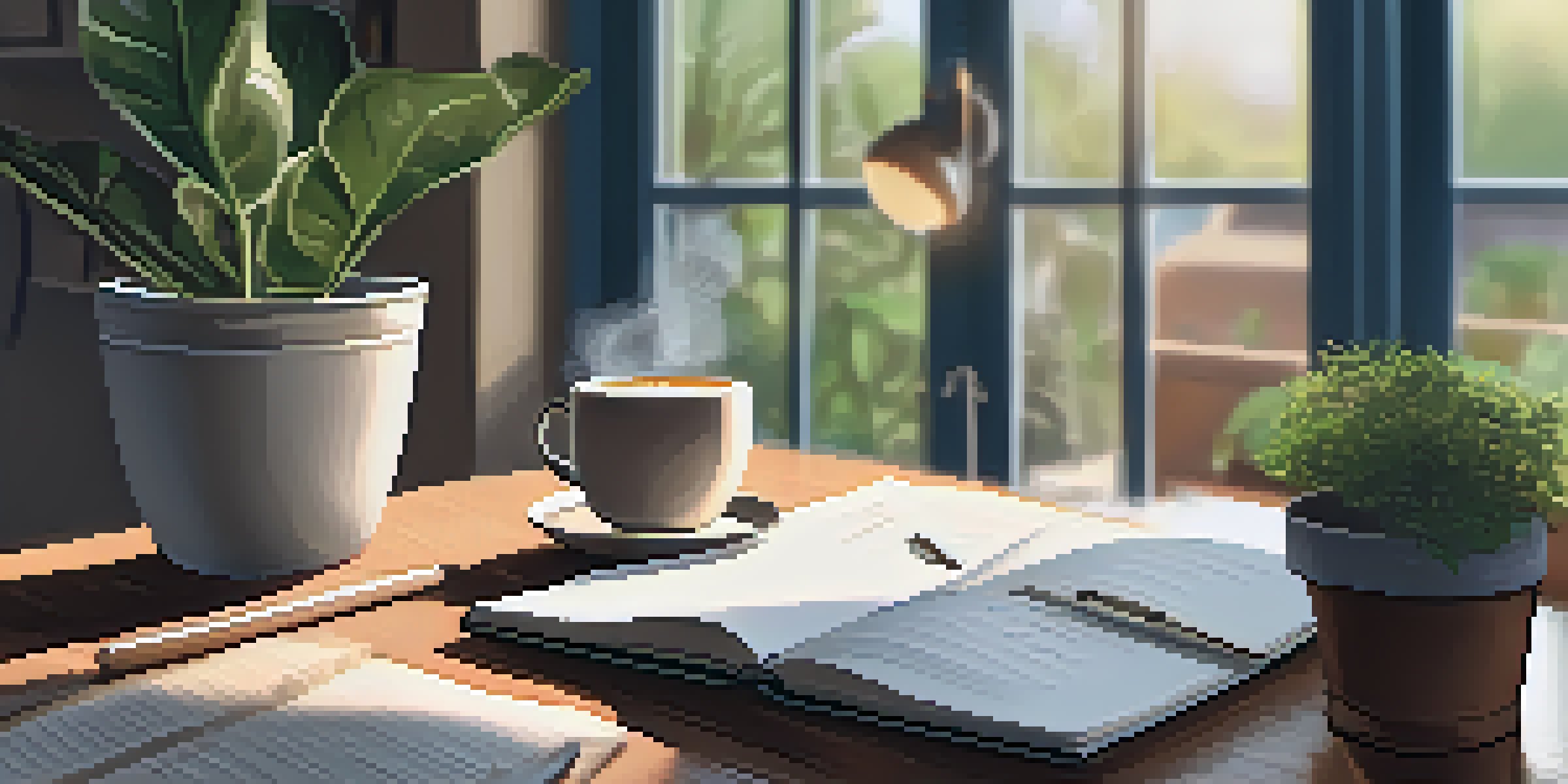 A calm and inviting study space with a laptop, plants, and a cup of tea, designed for online learning.