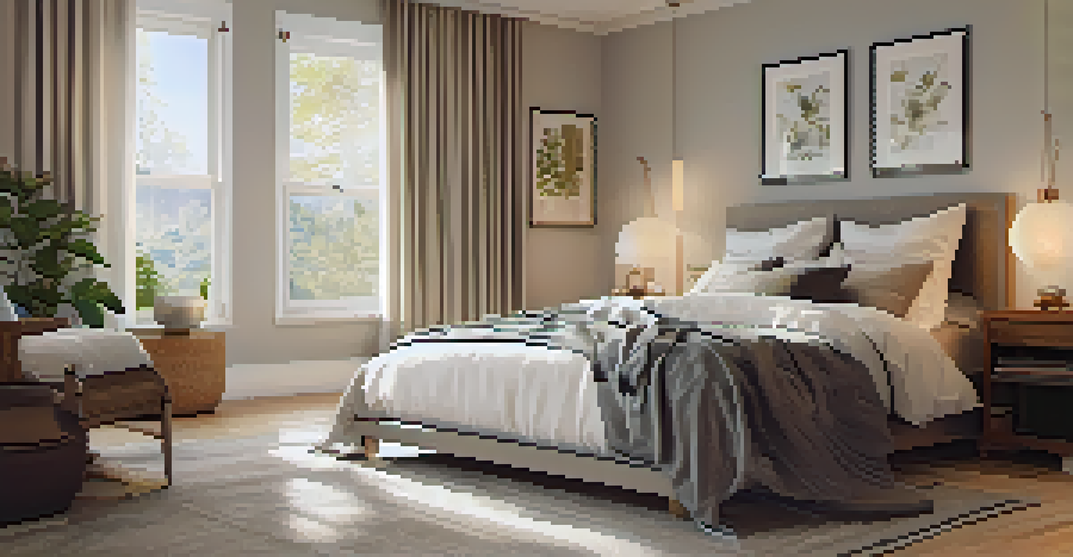 A tranquil bedroom with a comfortable bed, warm lighting, books, and a plant for a restful environment.