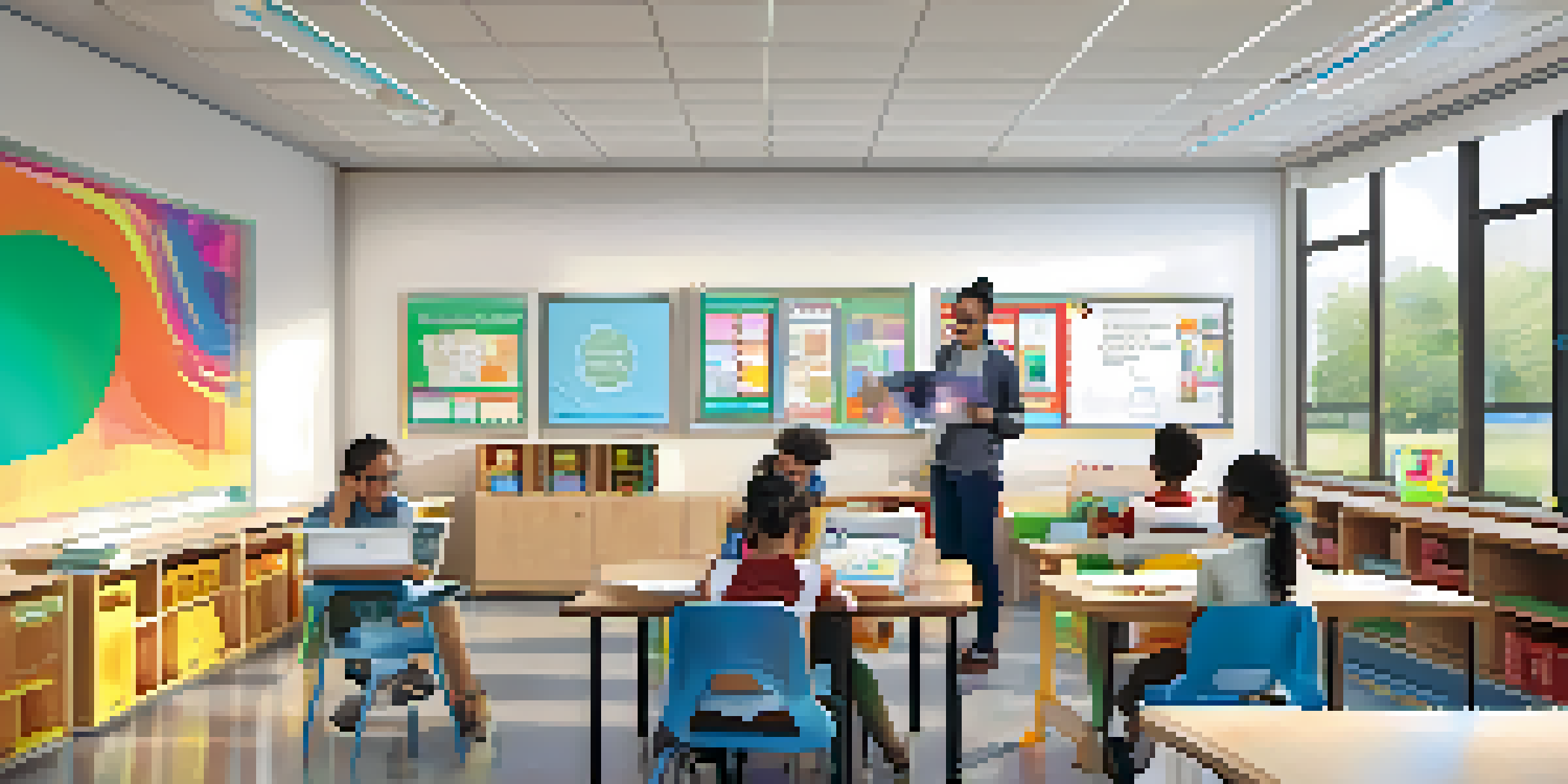 A bright modern classroom with students using laptops and a teacher engaging with them on a digital whiteboard.