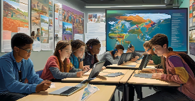 A diverse group of students collaborating in a bright classroom, using tablets and VR headsets while discussing a historical documentary displayed on a large screen.