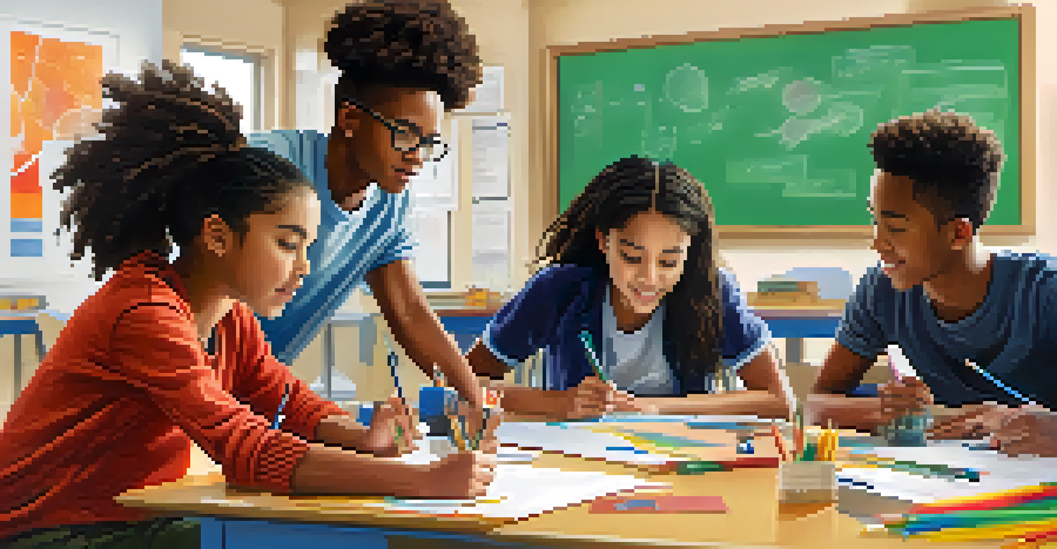 A group of students collaborating on a project in a bright classroom, surrounded by educational tools and colorful posters.