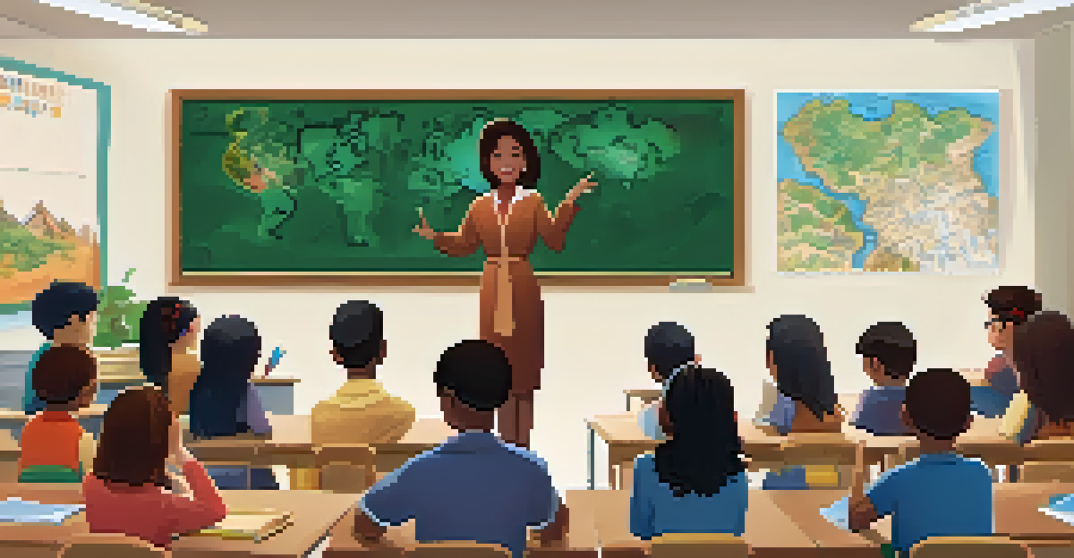 A teacher using a chalkboard with cultural symbols to engage students of different backgrounds in a warm and welcoming classroom.