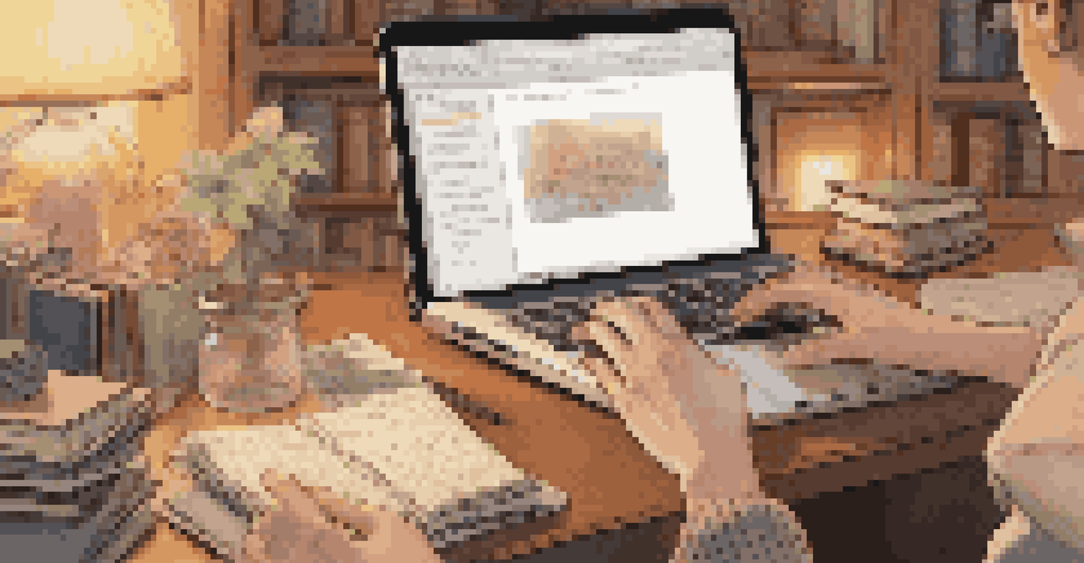 A close-up of hands typing on a laptop in a cozy study space with warm lighting and books around.