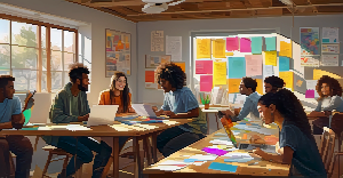 A diverse group of students working together on a project at a bright workspace, surrounded by laptops and notes.