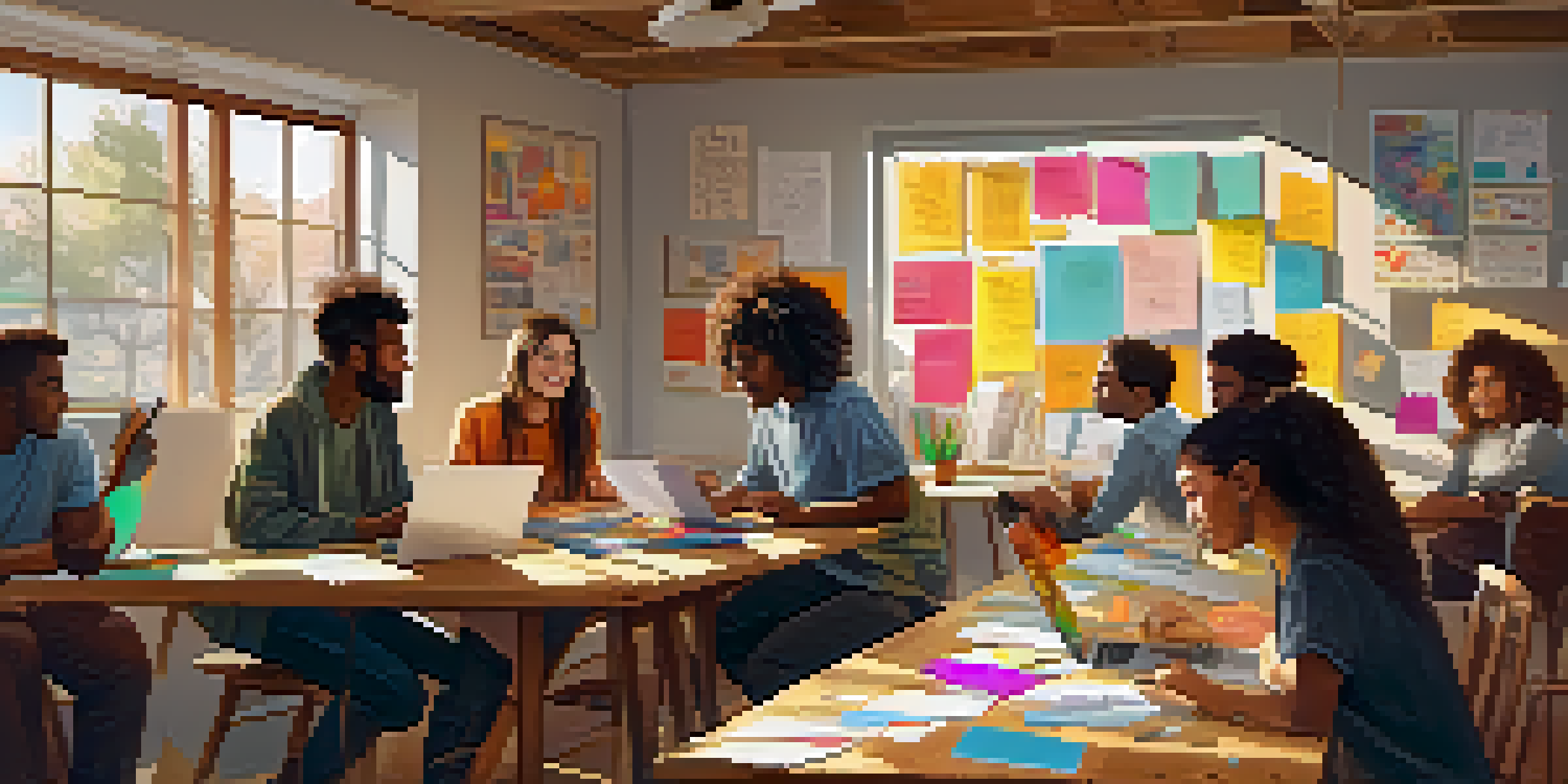 A diverse group of students working together on a project at a bright workspace, surrounded by laptops and notes.