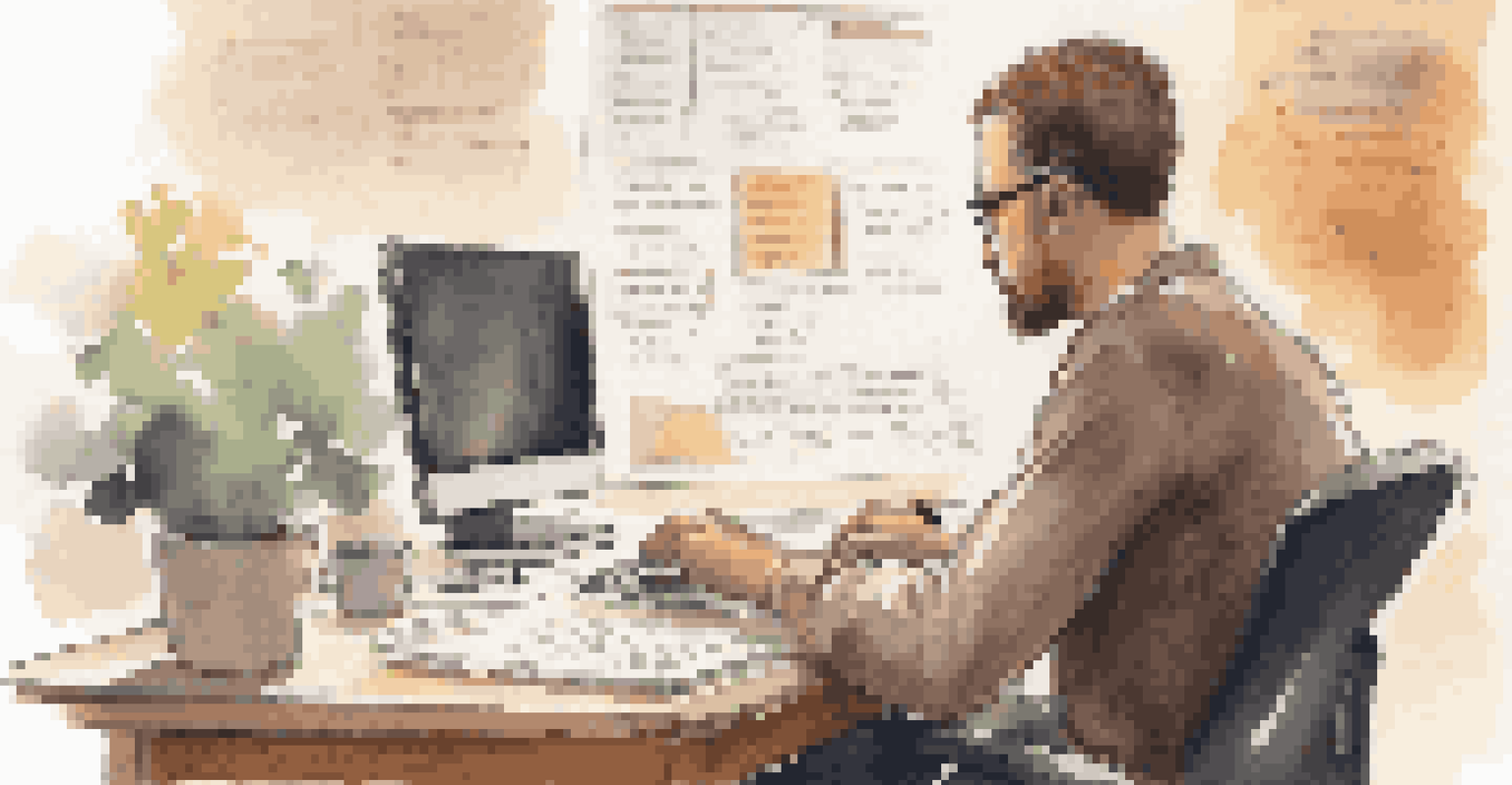 A person at a desk, reflecting on feedback displayed on a computer screen, with a cup of coffee and notes nearby in a softly lit environment.