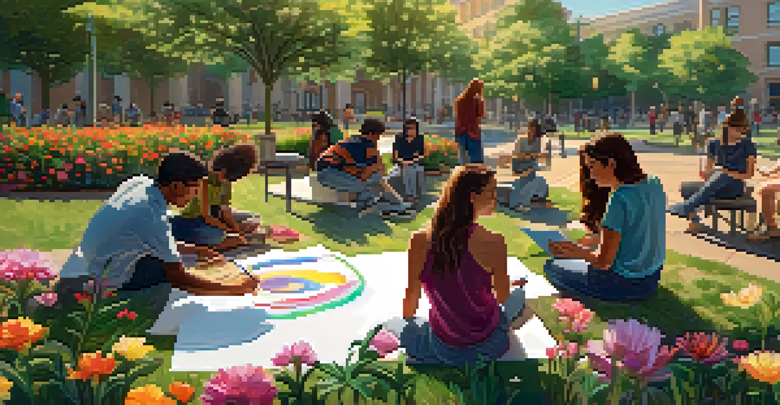 Students collaborating in an outdoor space, with one sketching ideas and others discussing. The environment is bright and colorful, surrounded by greenery.