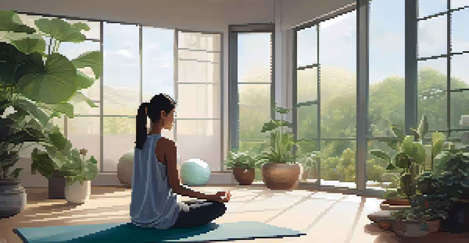 A person meditating in a minimalist room filled with plants and candles, illuminated by soft natural light.