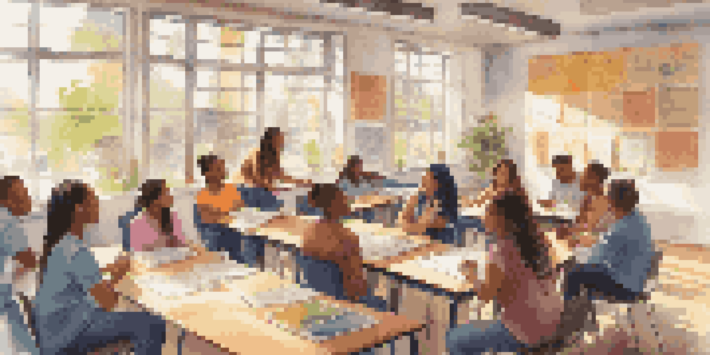 A lively classroom with students participating in group discussions, a teacher guiding them, and sunlight illuminating the space.