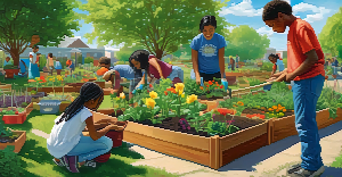 A diverse group of students working together in a community garden, planting flowers and vegetables under a sunny sky.
