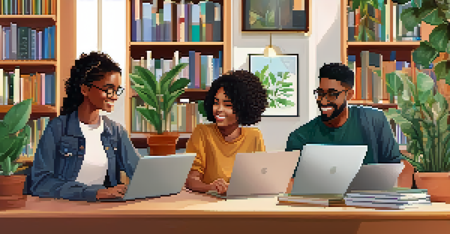 A group of students on a video call, smiling and collaborating, with bookshelves and plants in the background.