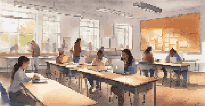 A classroom filled with students using laptops and tablets while the teacher provides feedback on a digital screen, illuminated by natural light.