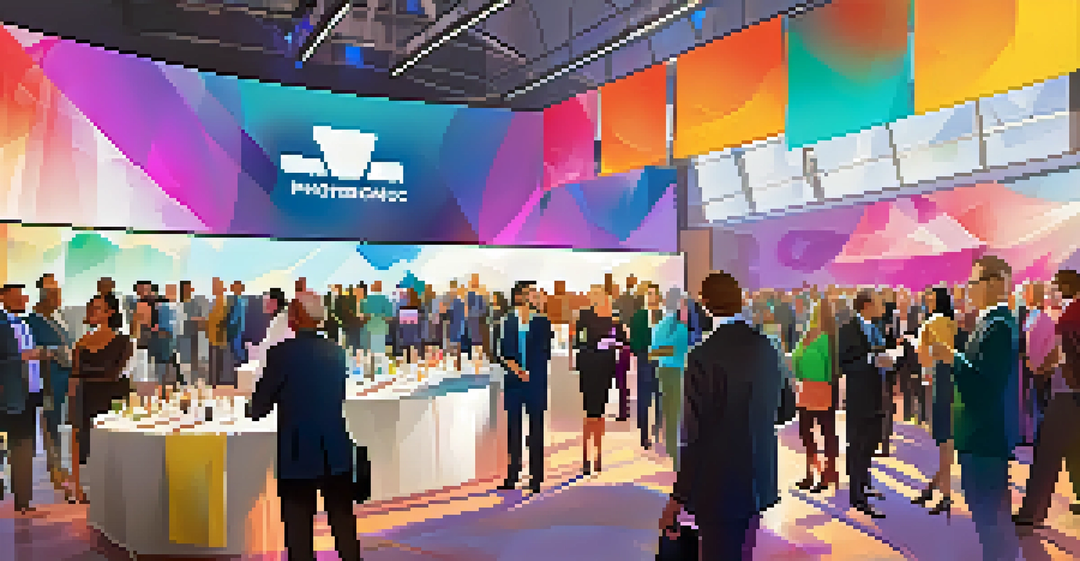 A lively networking event with diverse professionals interacting and exchanging business cards.