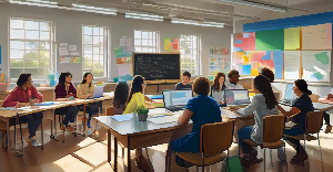 A diverse group of teachers collaborating in a bright classroom workshop filled with educational materials and natural light.