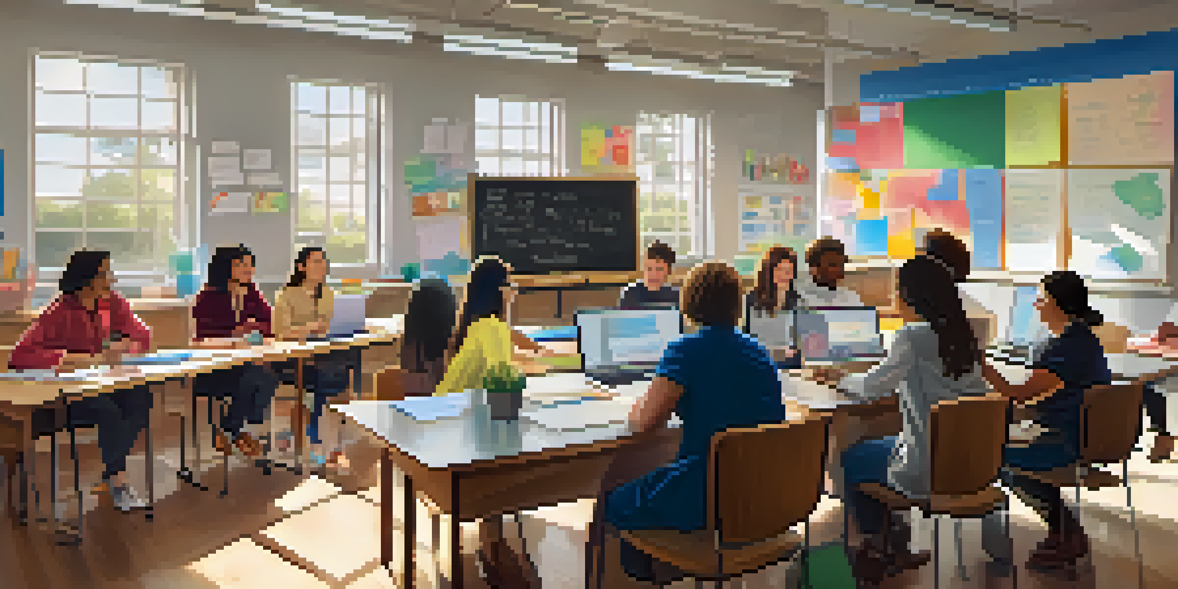 A diverse group of teachers collaborating in a bright classroom workshop filled with educational materials and natural light.