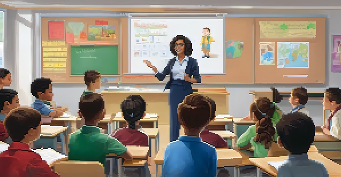 A teacher telling a story to engaged students in a colorful classroom setting.