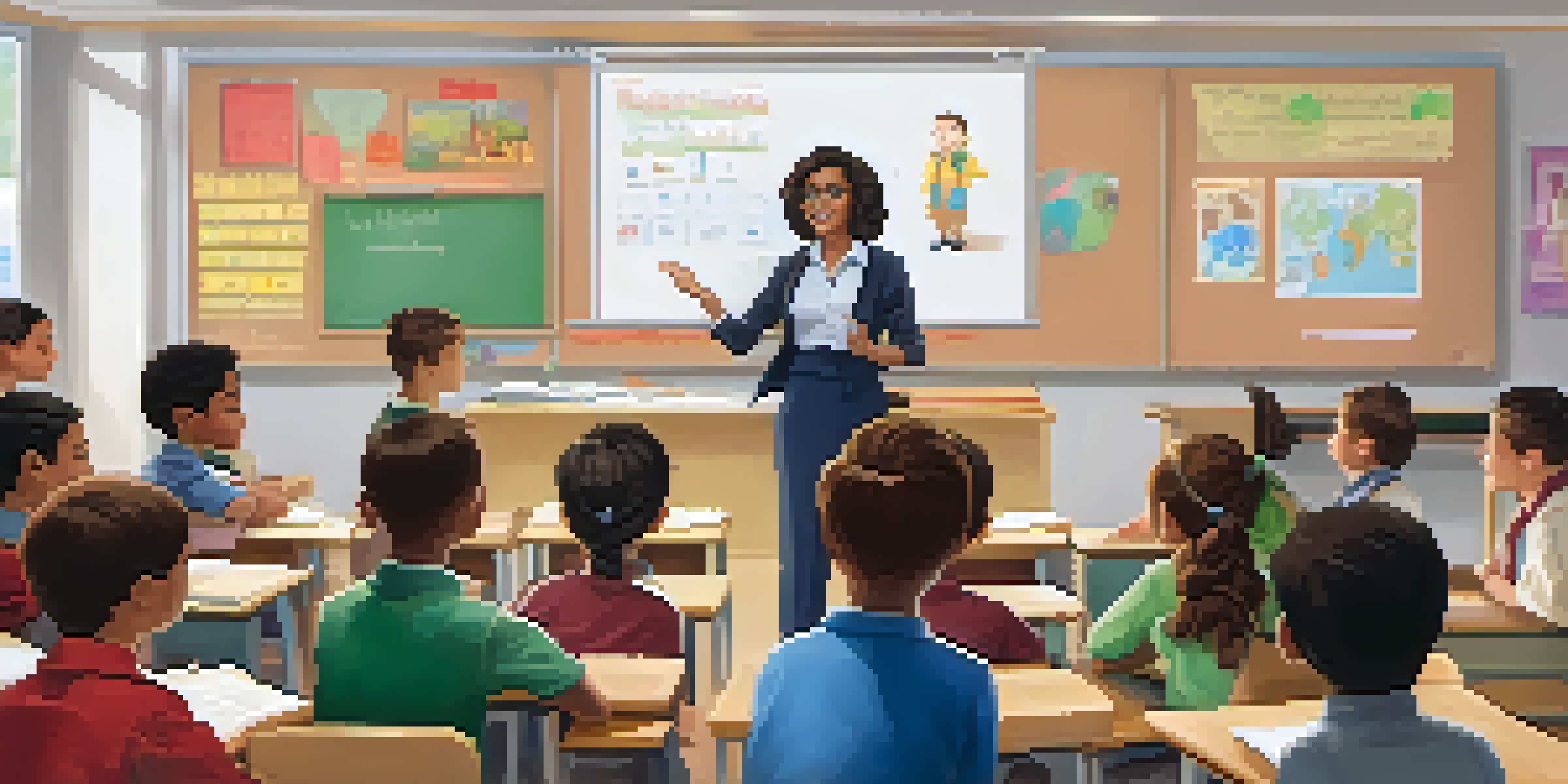 A teacher telling a story to engaged students in a colorful classroom setting.