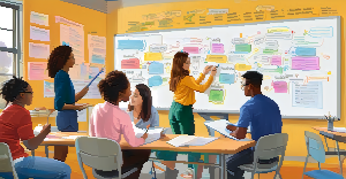 A diverse group of students collaboratively designing a rubric on a whiteboard in a bright classroom.