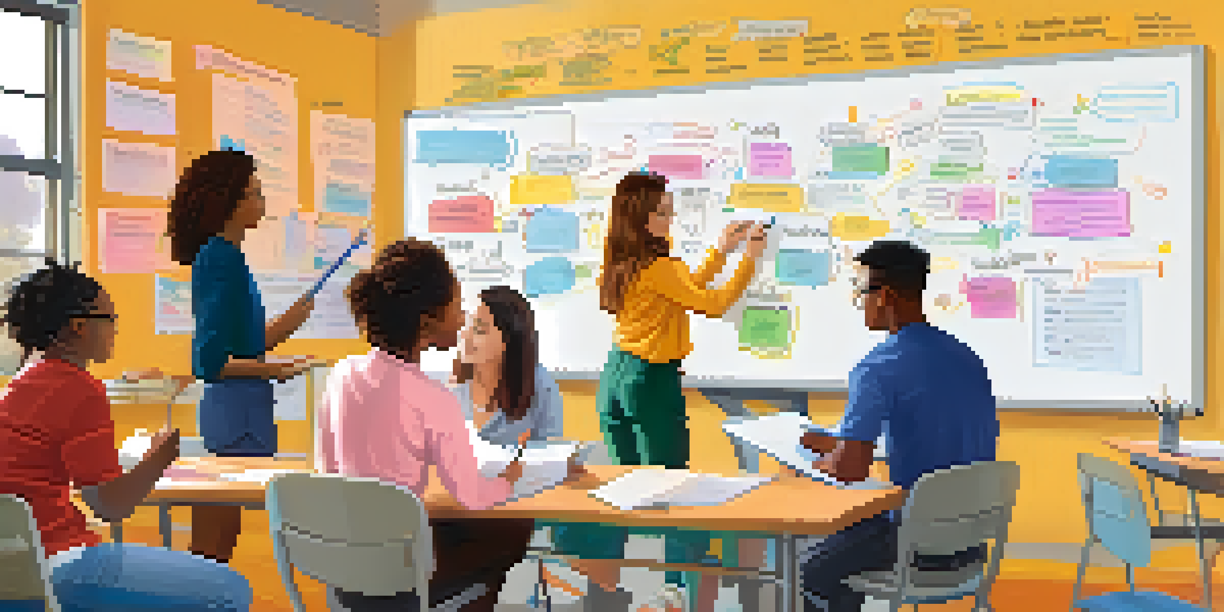 A diverse group of students collaboratively designing a rubric on a whiteboard in a bright classroom.