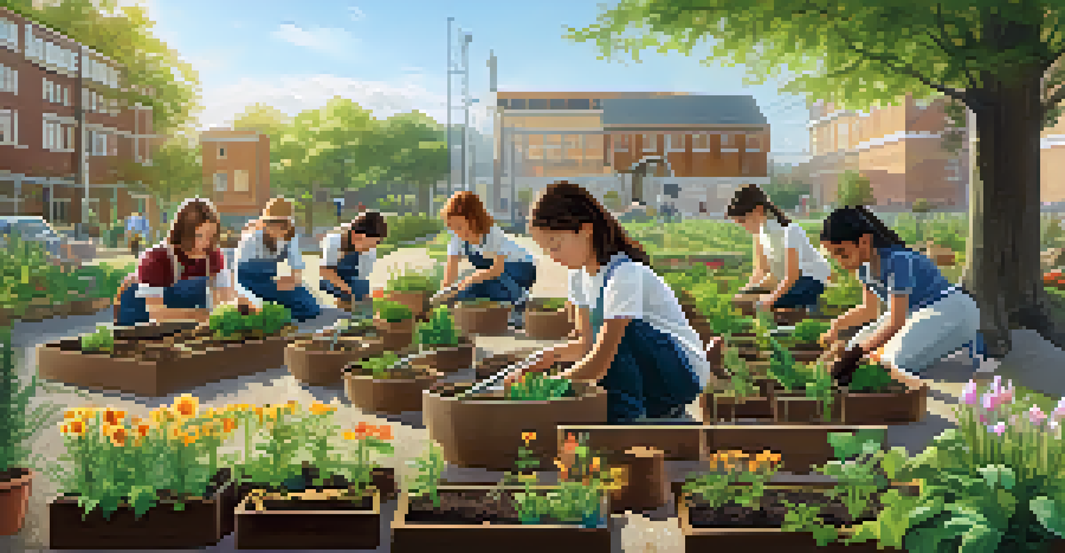 Students planting a sustainable garden outdoors, surrounded by flowers and vegetables, with educational signs about sustainability in the background.