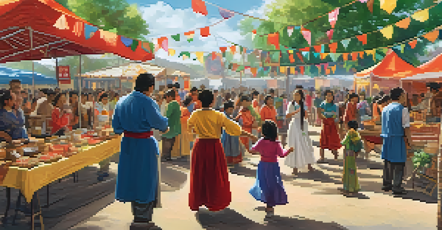 A lively cultural fair with families sharing food and traditions, surrounded by colorful decorations and engaging activities.