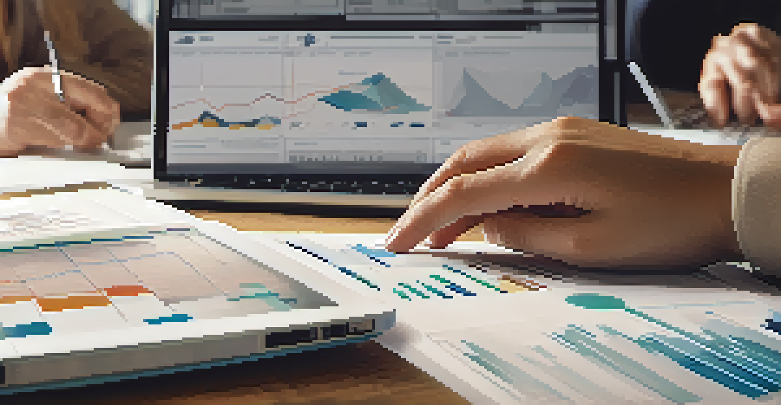 Close-up of hands collaborating on a project with a laptop screen showing charts, against a blurred group discussion background.