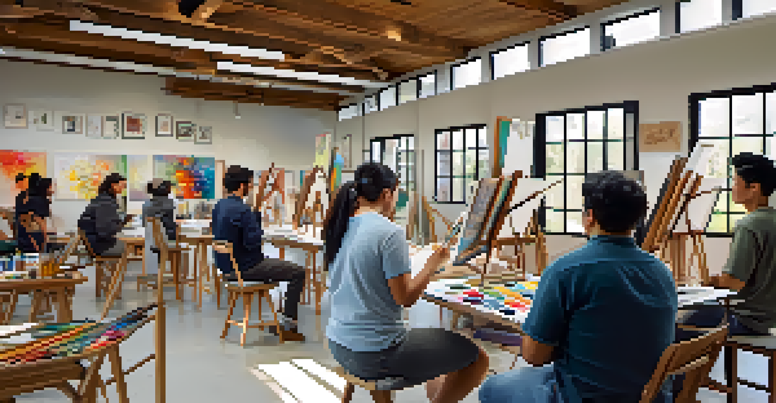 Students participating in an art workshop with a local artist in a bright studio, learning traditional art techniques.