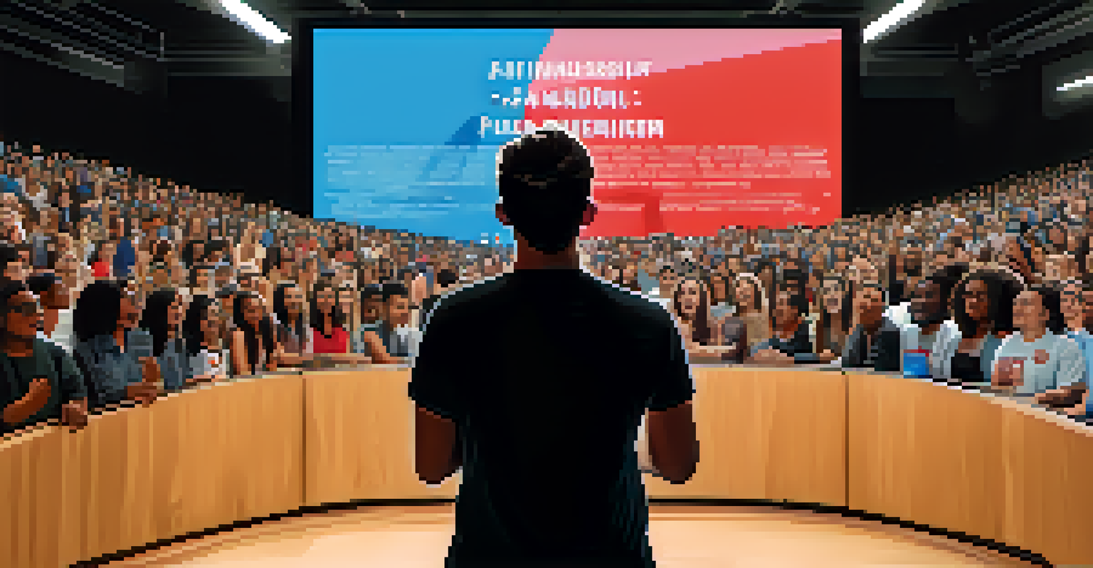 A social media influencer addressing an audience about positive role modeling, with a large screen showing uplifting messages behind them.