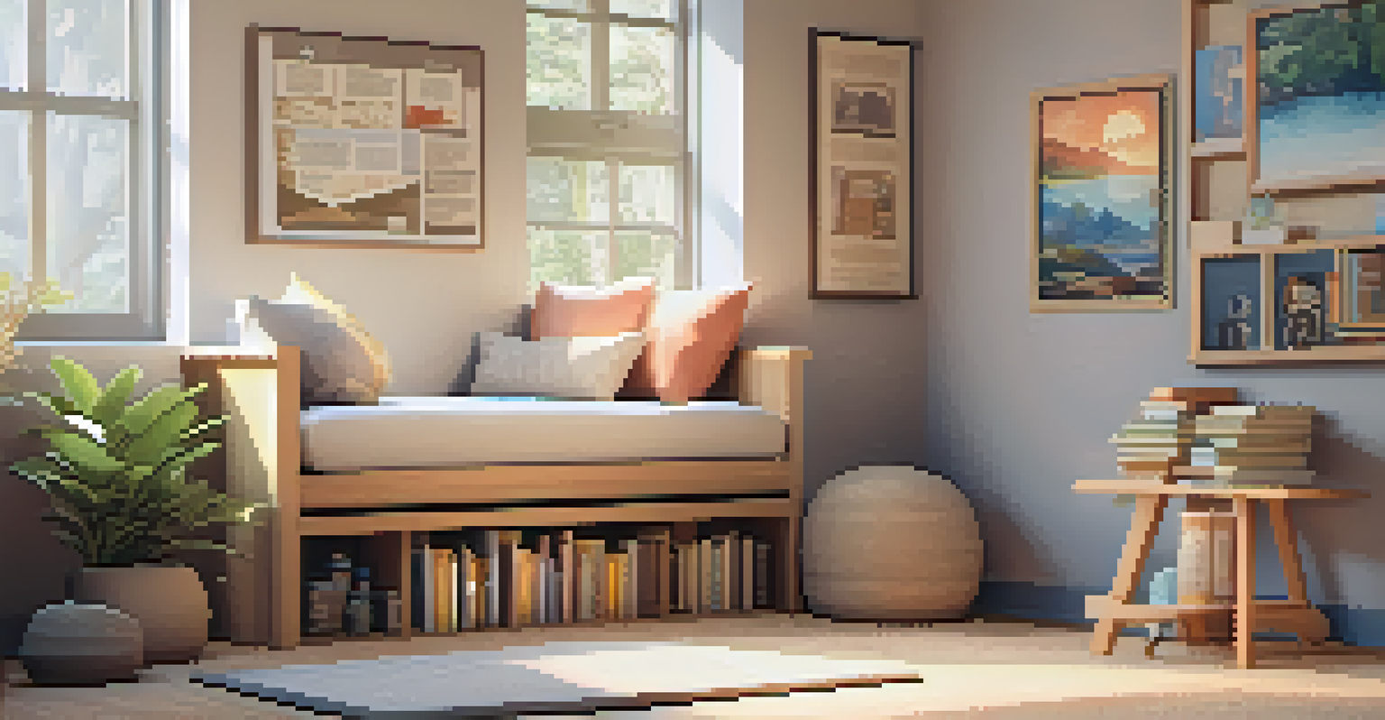 A cozy mindfulness corner in a classroom with cushions, a bookshelf, and calming posters, creating a serene atmosphere.